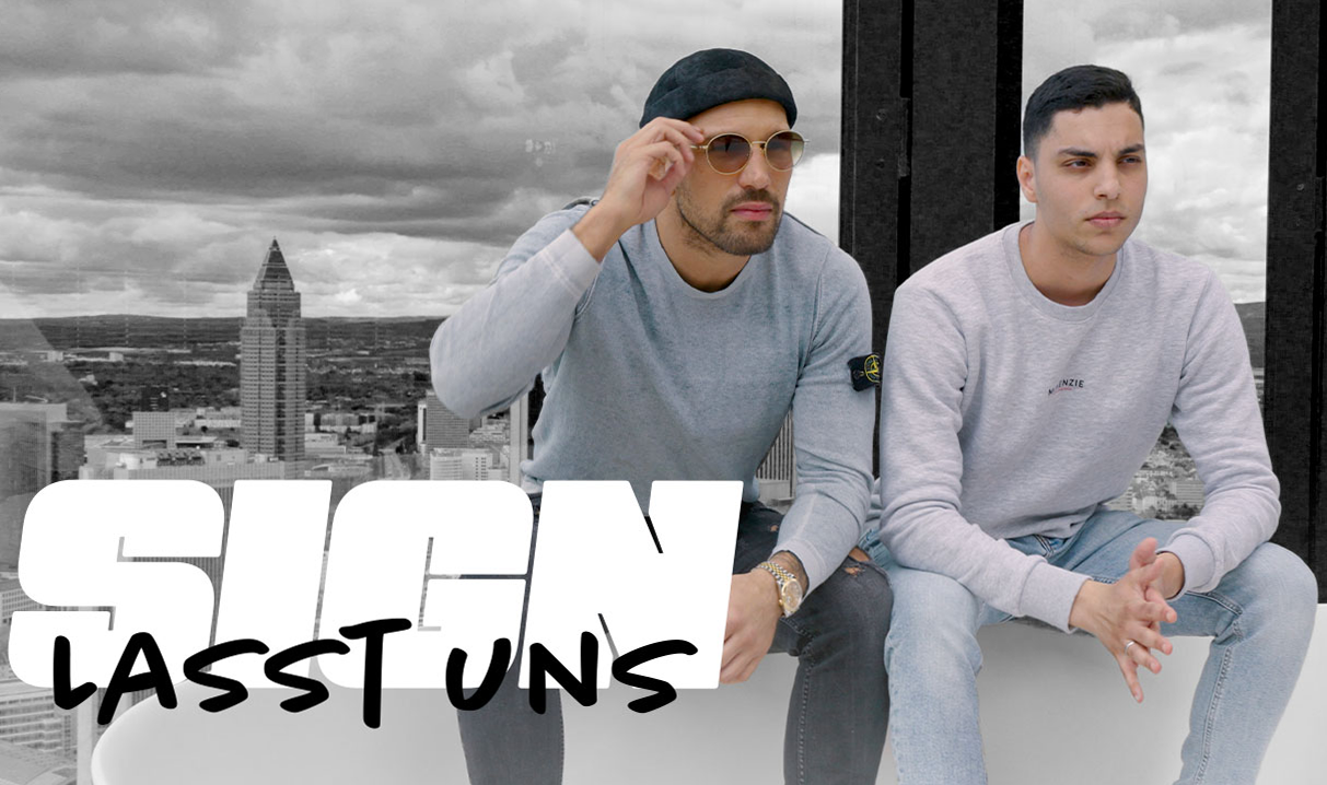 Foto: Rapper SIGN mit Begleitung vor Frankfurter Skyline zur cleanffm-Hymne ‚Lasst uns‘.