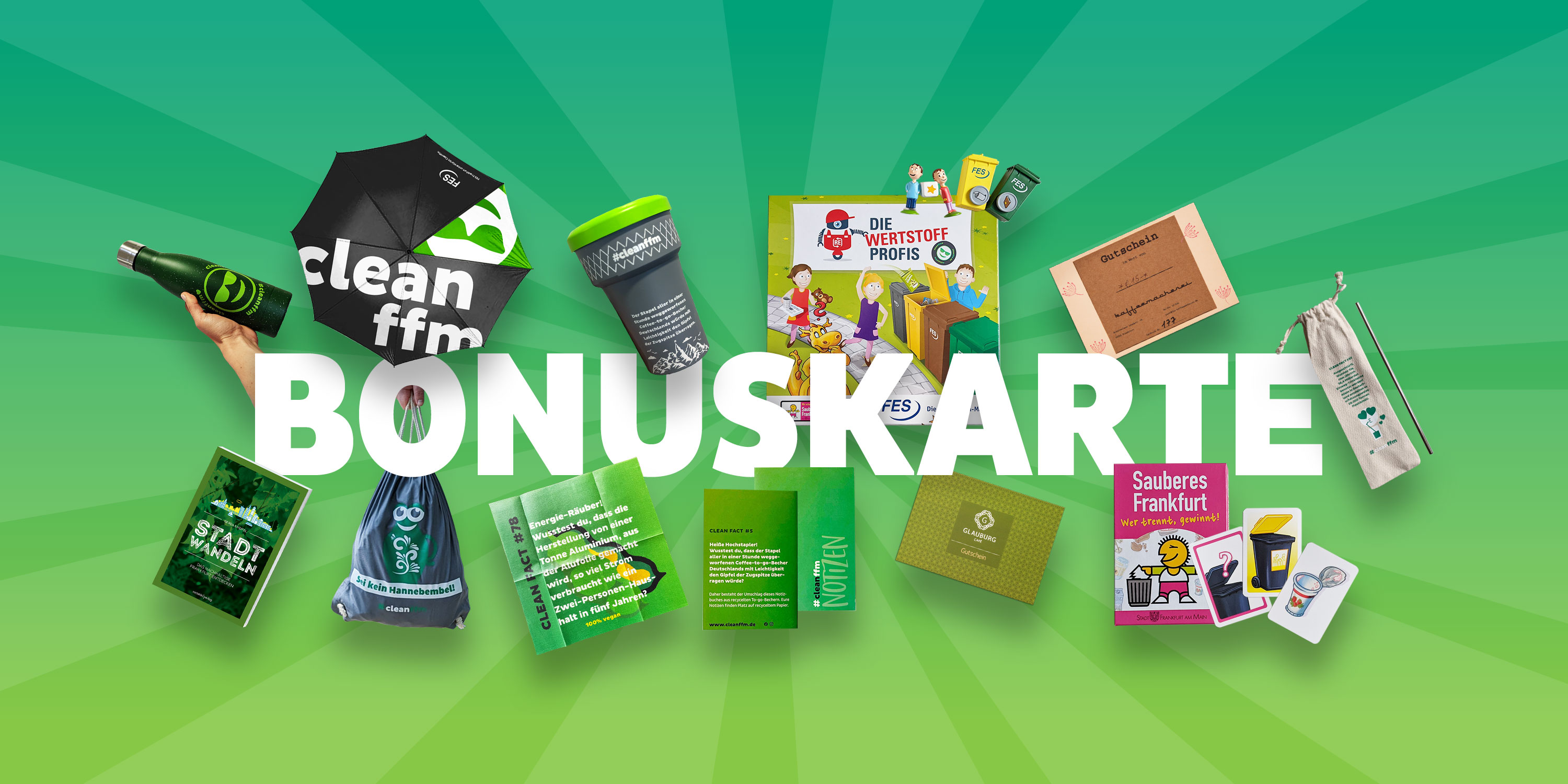 Fotocollage: Give-Aways und Materialien rund um Sauberkeit, Text: BONUSKARTE